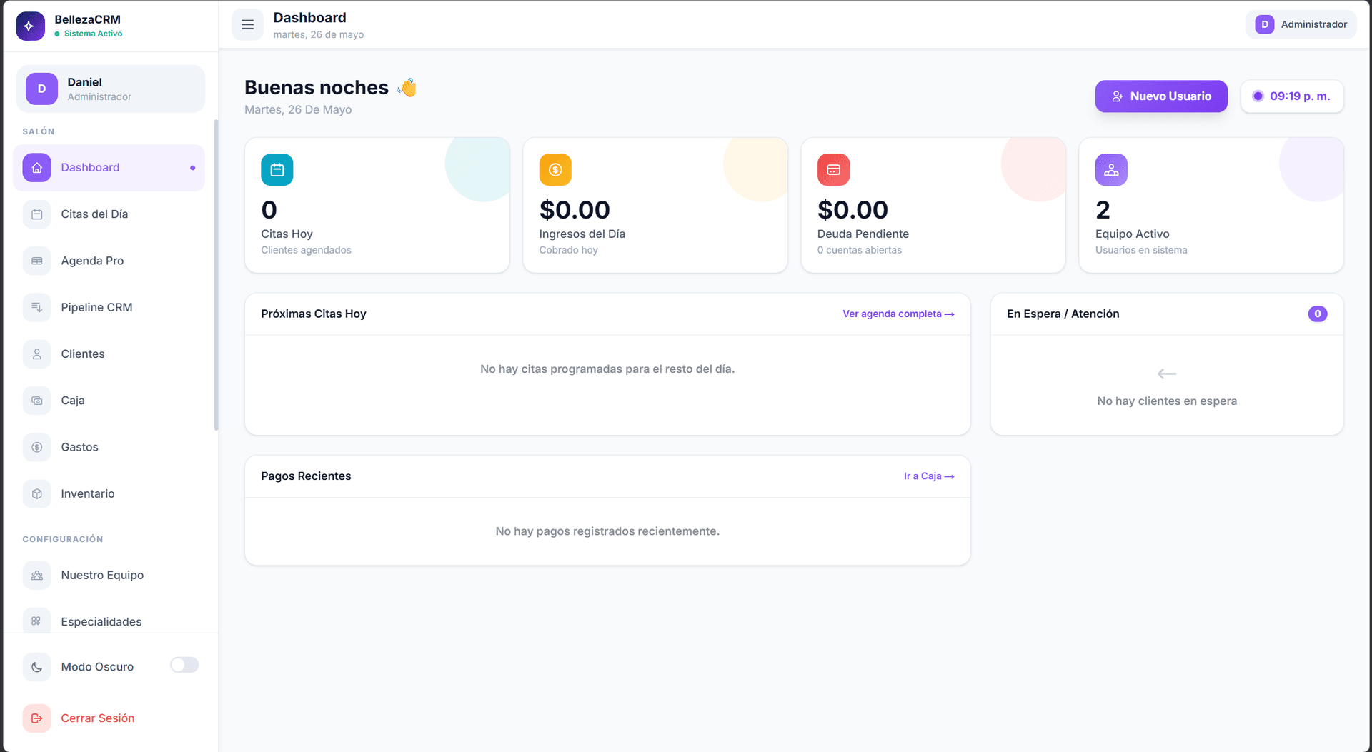 Panel de BellezaCRM — software de gestión para salones de belleza en Panamá